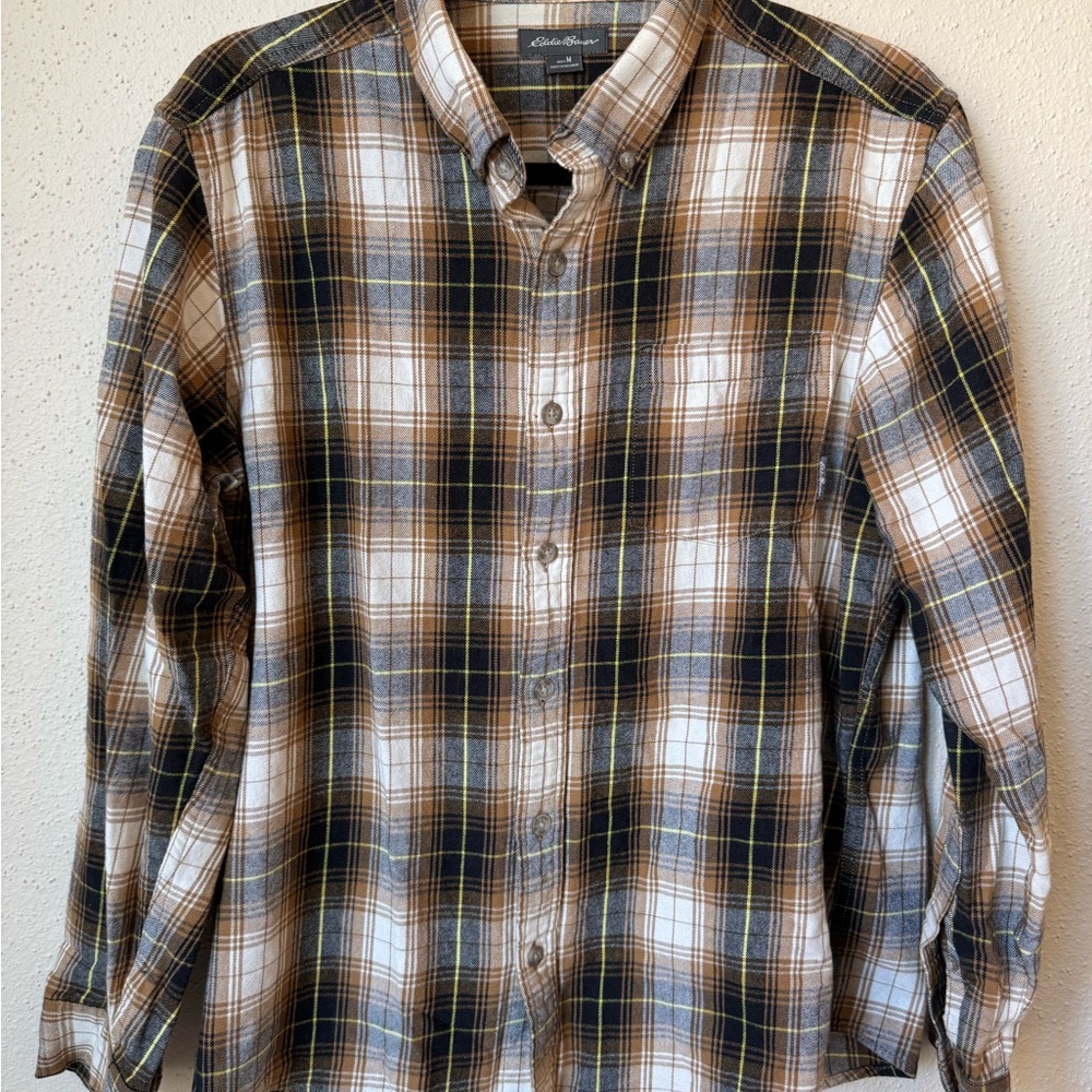 Eddie Bauer Men's Plaid Shirt - Brown, White, and Yellow